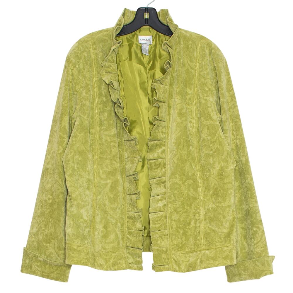 Chicos Corduroy Jacket Green Open Front Ruffle Artsy Career Casual Y2K 3 XL